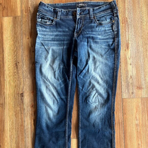Women's 31 x 35 (sz 10) Silver Jeans Suki Mid Slim Boot Distressed Fade Mid Wash - Picture 1 of 6